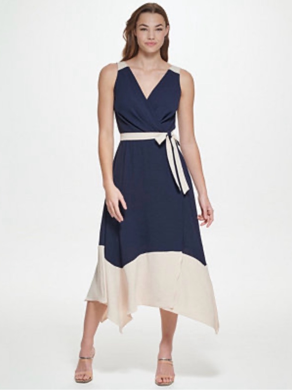 DKNY Navy and Cream V-Neck Belted Handkerchief-Hem Dress size 12